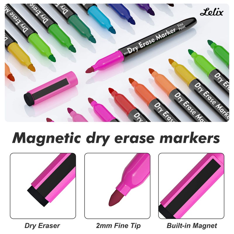 Lelix 15 Colors Dry Erase Markers, Magnetic Whiteboard Markers Fine Point with Eraser for Back to School, Office, Home Perfect for Writing on White Board, Dry Erase Board, Mirror, Glass - Image 2